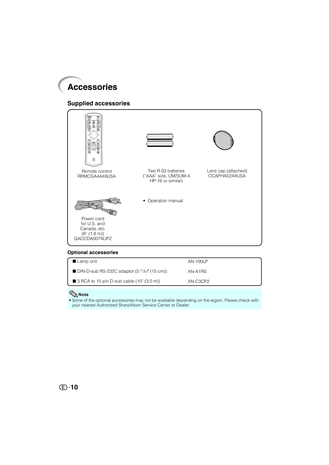 Sharp XV-Z3000U operation manual Accessories, Optional accessories 