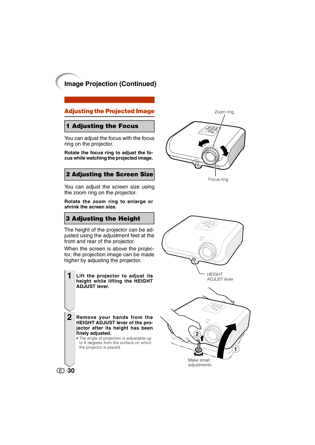 Sharp XV-Z3000U Image Projection, Adjusting the Projected Image, Rotate the zoom ring to enlarge or shrink the screen size 