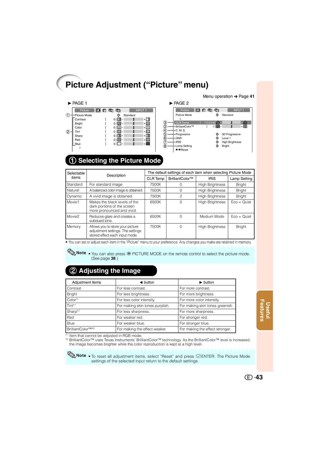 Sharp XV-Z3000U Picture Adjustment Picture menu, 1Selecting the Picture Mode, 2Adjusting the Image, Menu operation n 