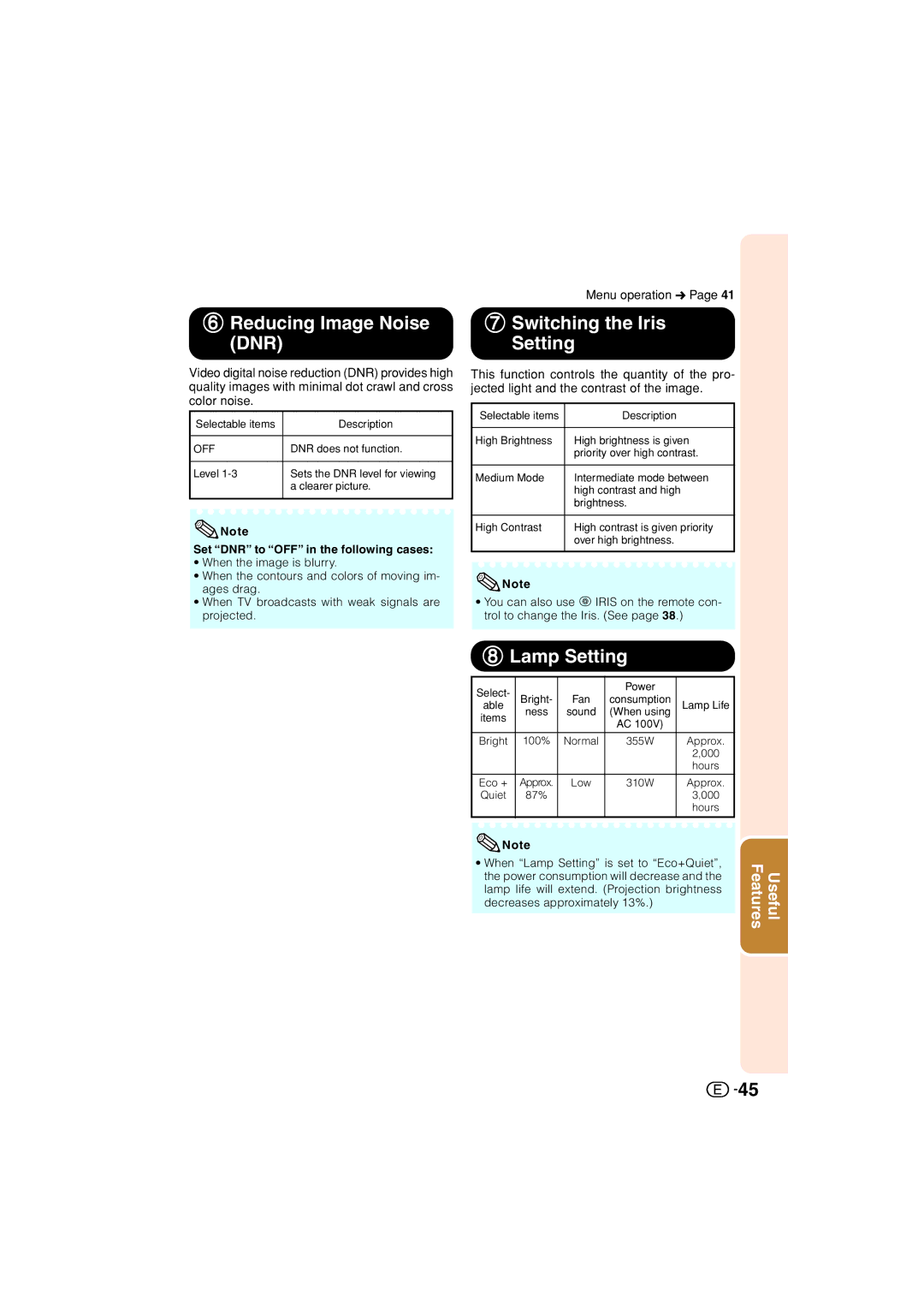 Sharp XV-Z3000U operation manual 6Reducing Image Noise 7Switching the Iris, 8Lamp Setting 