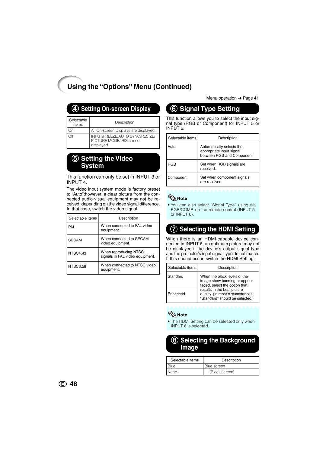 Sharp XV-Z3000U operation manual Using the Options Menu 