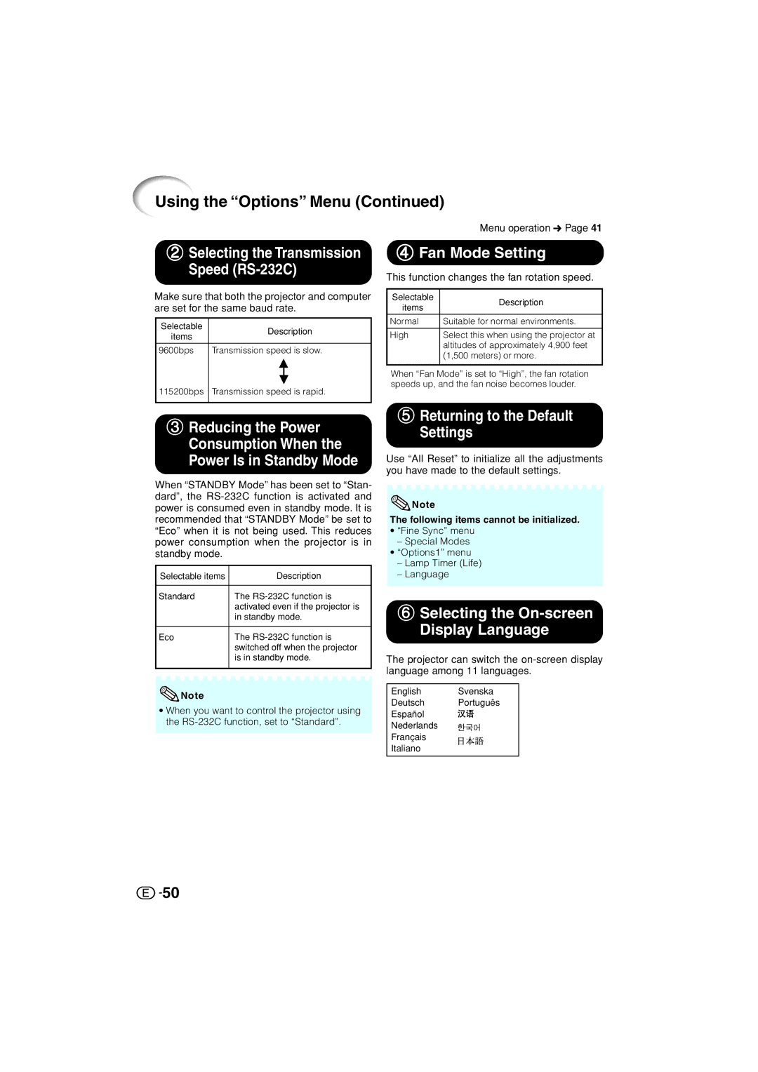 Sharp XV-Z3000U 4Fan Mode Setting, 5Returning to the Default Settings, 6Selecting the On-screen Display Language 