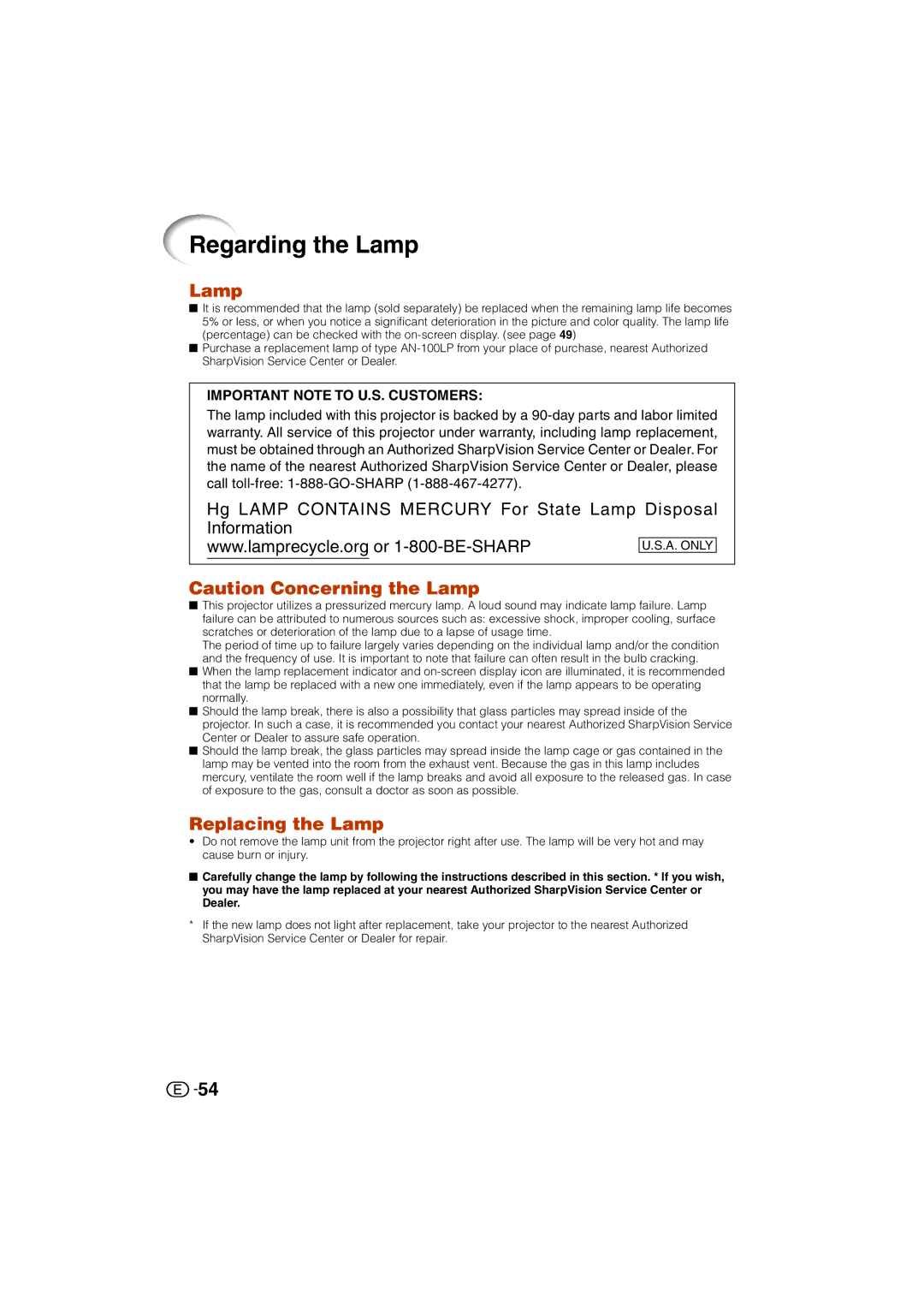 Sharp XV-Z3000U operation manual Regarding the Lamp, Replacing the Lamp 