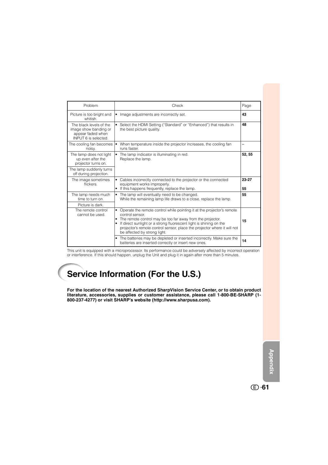 Sharp XV-Z3000U operation manual Service Information For the U.S 