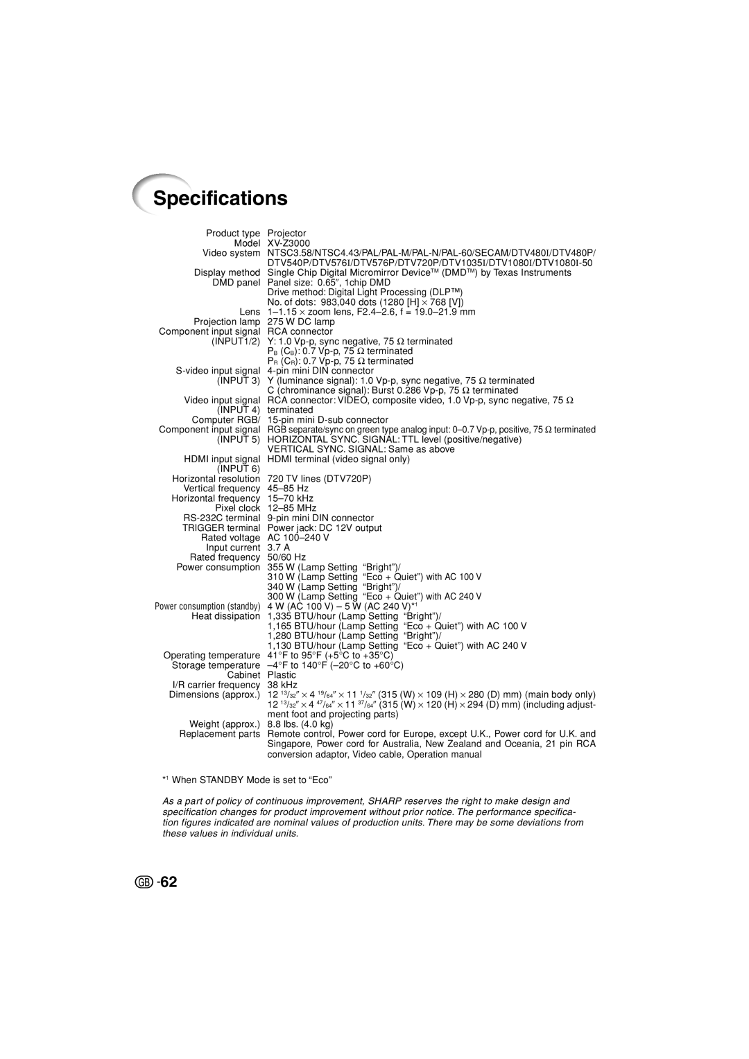 Sharp XV-Z3000U operation manual Specifications, Product type Projector Model XV-Z3000 Video system 