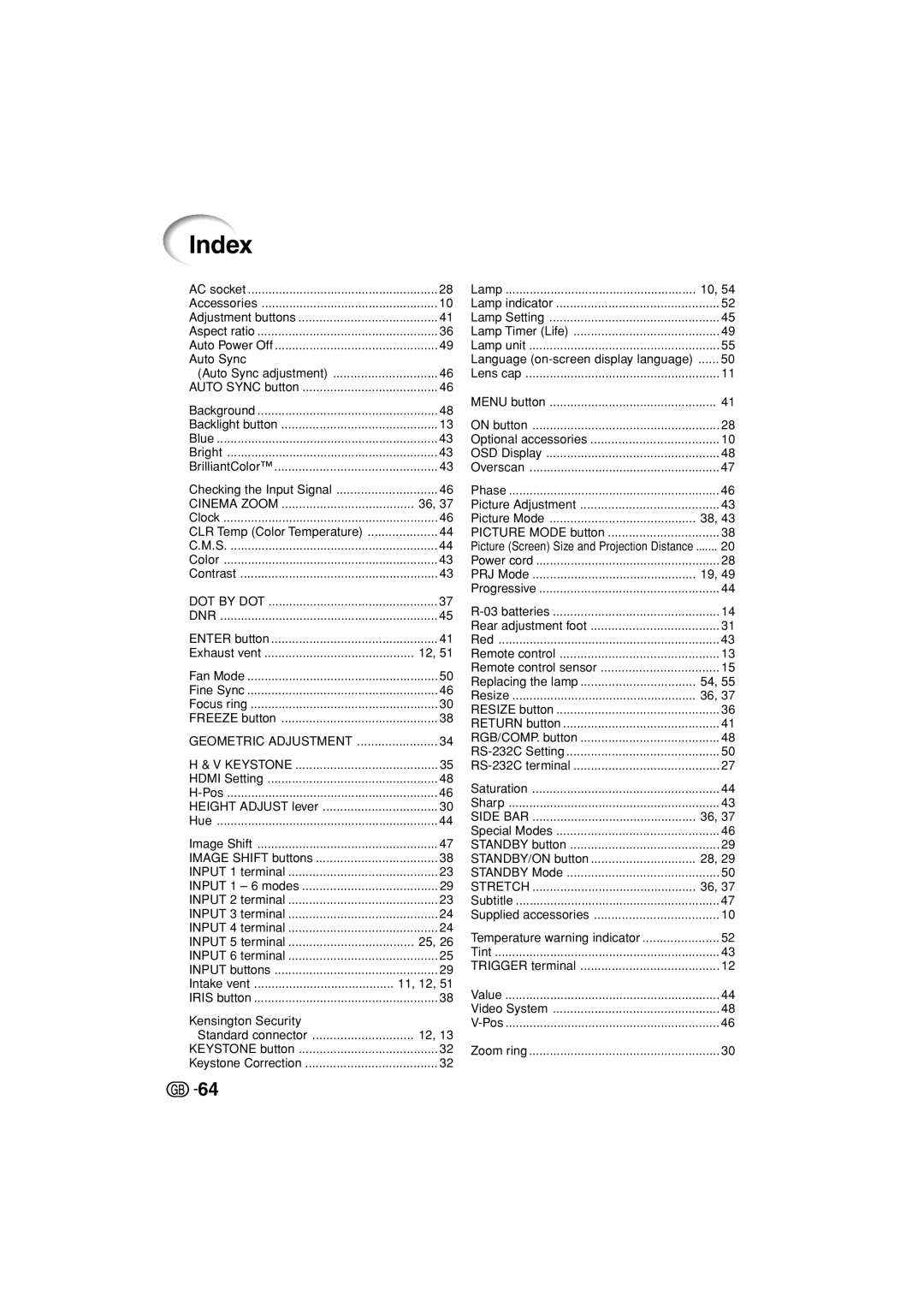 Sharp XV-Z3000U operation manual Index 