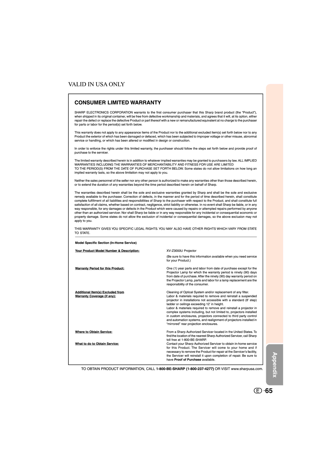 Sharp XV-Z3000U operation manual Appendix 