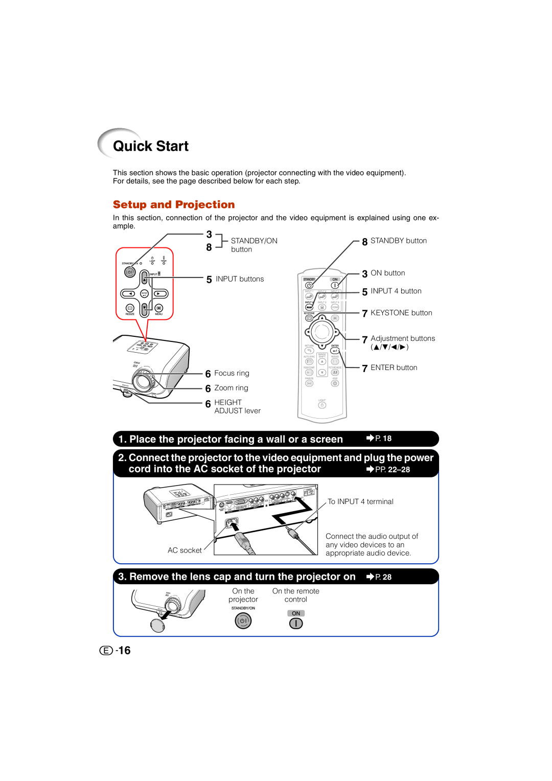 Sharp XV-Z3000U operation manual Quick Start, Setup and Projection, Place the projector facing a wall or a screen 