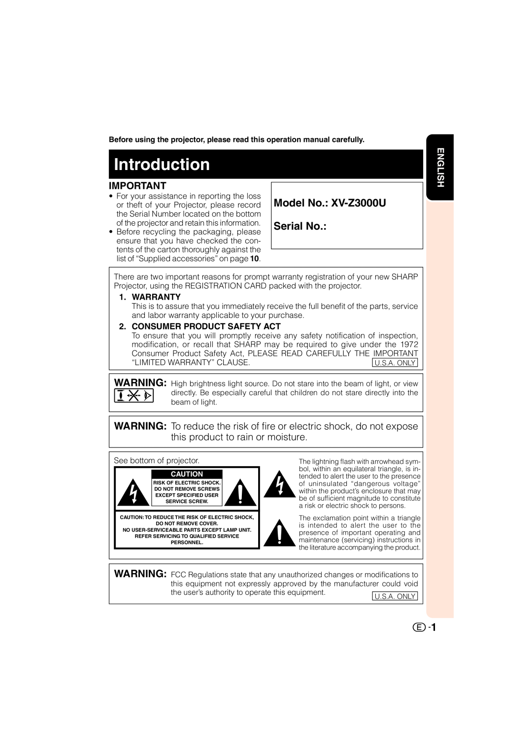Sharp operation manual English, Warranty, Consumer Product Safety Act, Introduction, Model No. XV-Z3000U Serial No 