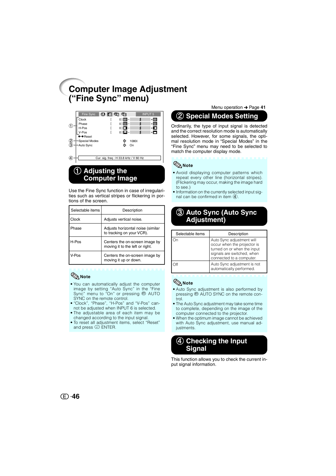 Sharp XV-Z3000U Computer Image Adjustment “Fine Sync” menu, 1Adjusting the Computer Image, 2Special Modes Setting 