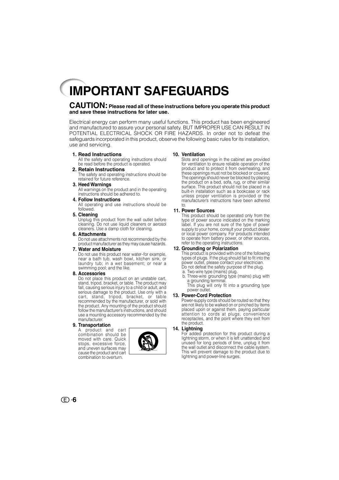 Sharp XV-Z3000U Important Safeguards, Read Instructions, Retain Instructions, Heed Warnings, Follow Instructions, Cleaning 