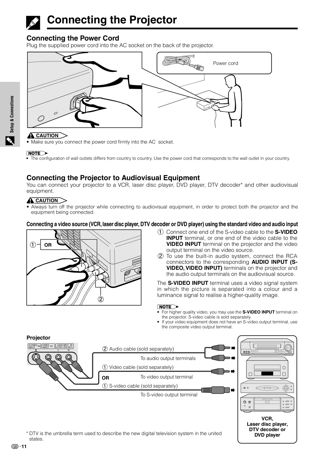 Sharp XV-Z7000E operation manual Connecting the Power Cord, Connecting the Projector to Audiovisual Equipment 