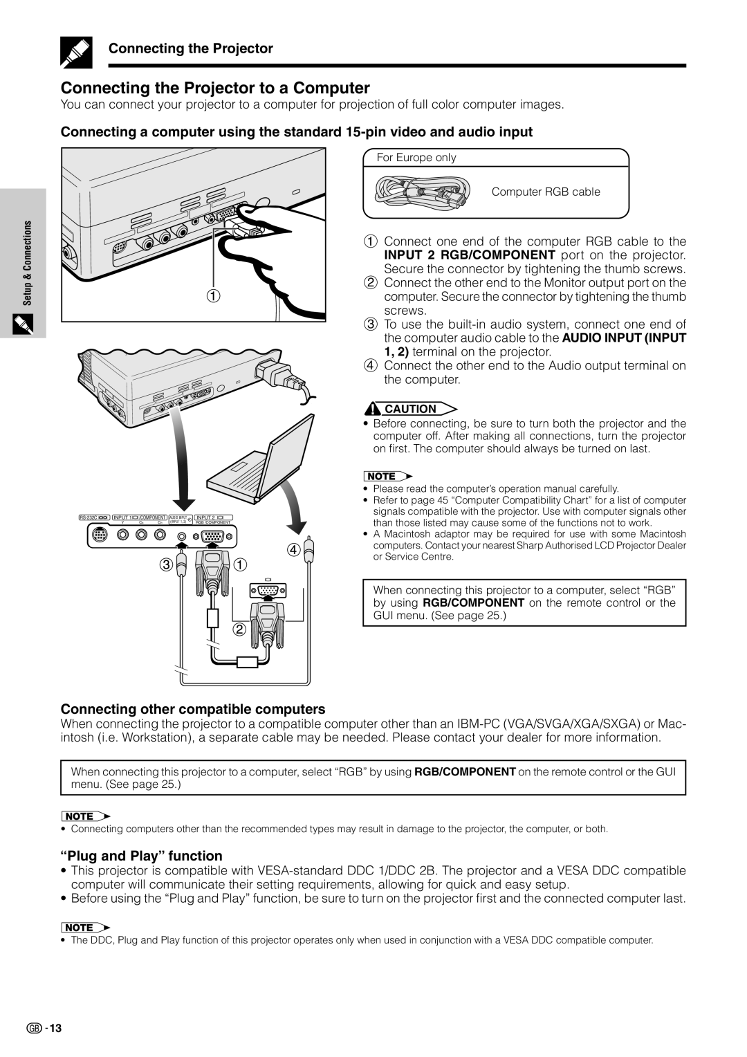 Sharp XV-Z7000E Connecting the Projector to a Computer, Connecting other compatible computers, Plug and Play function 