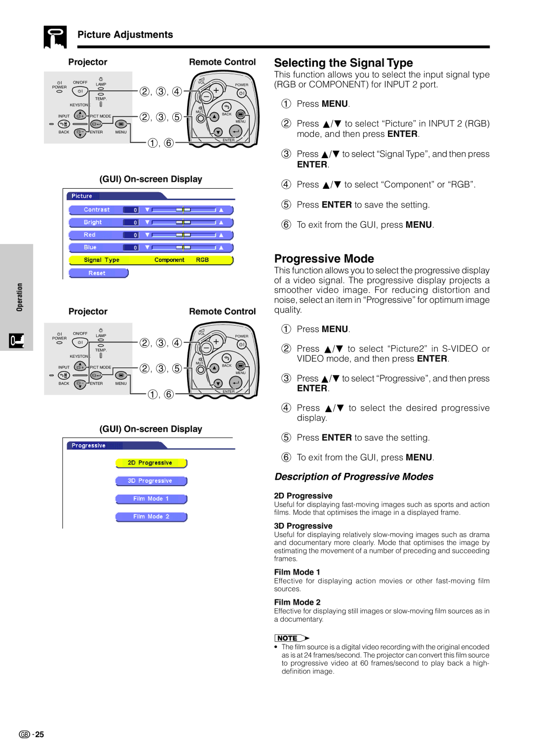 Sharp XV-Z7000E operation manual Selecting the Signal Type, Picture Adjustments, Description of Progressive Modes 