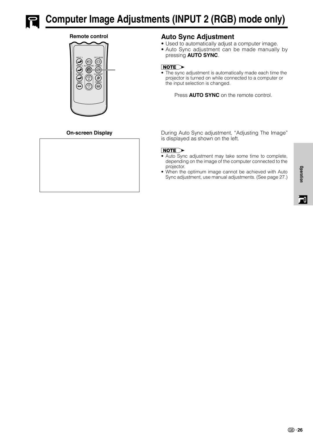 Sharp XV-Z7000E operation manual Auto Sync Adjustment, On-screen Display 