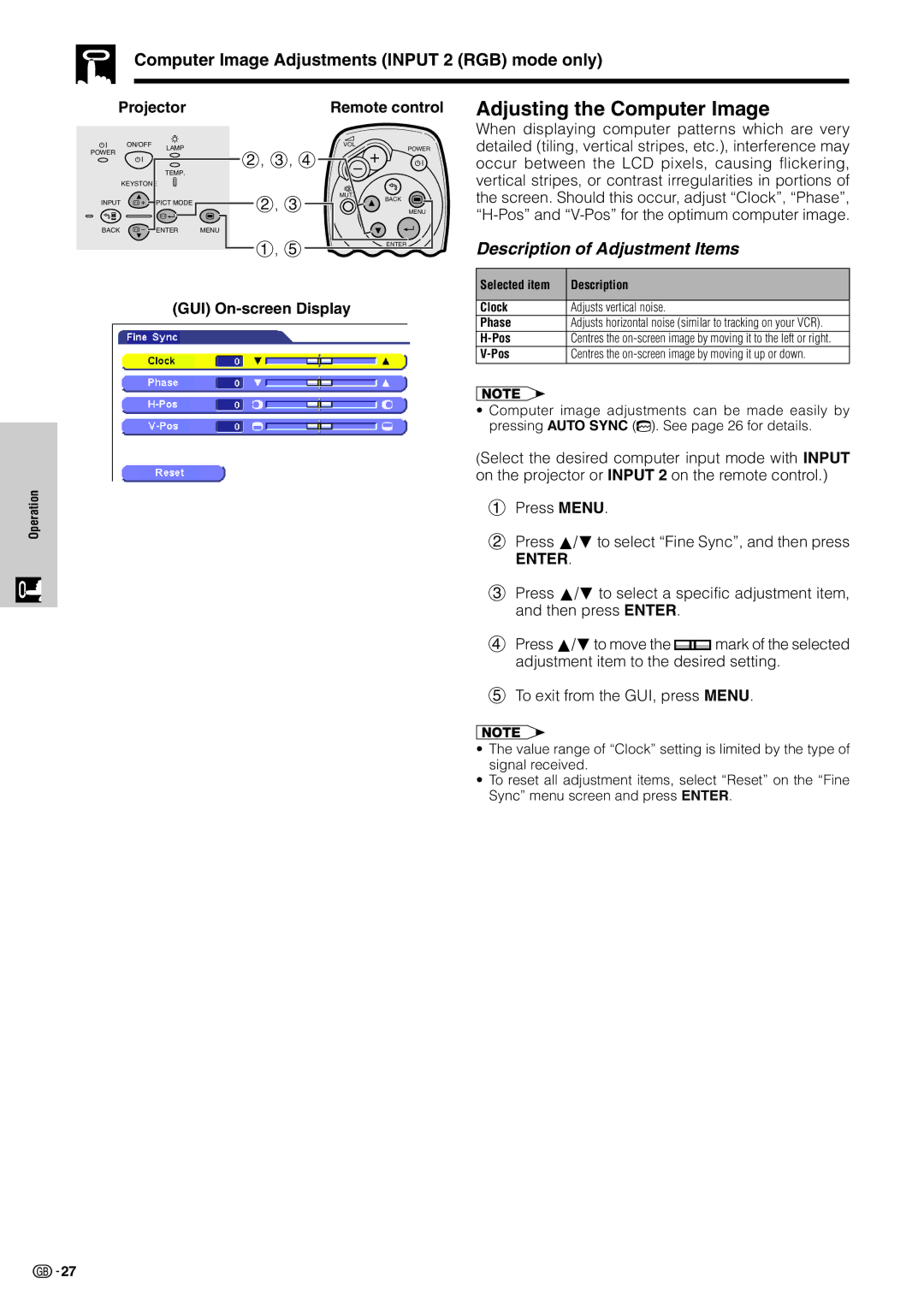 Sharp XV-Z7000E operation manual Adjusting the Computer Image, Computer Image Adjustments Input 2 RGB mode only 