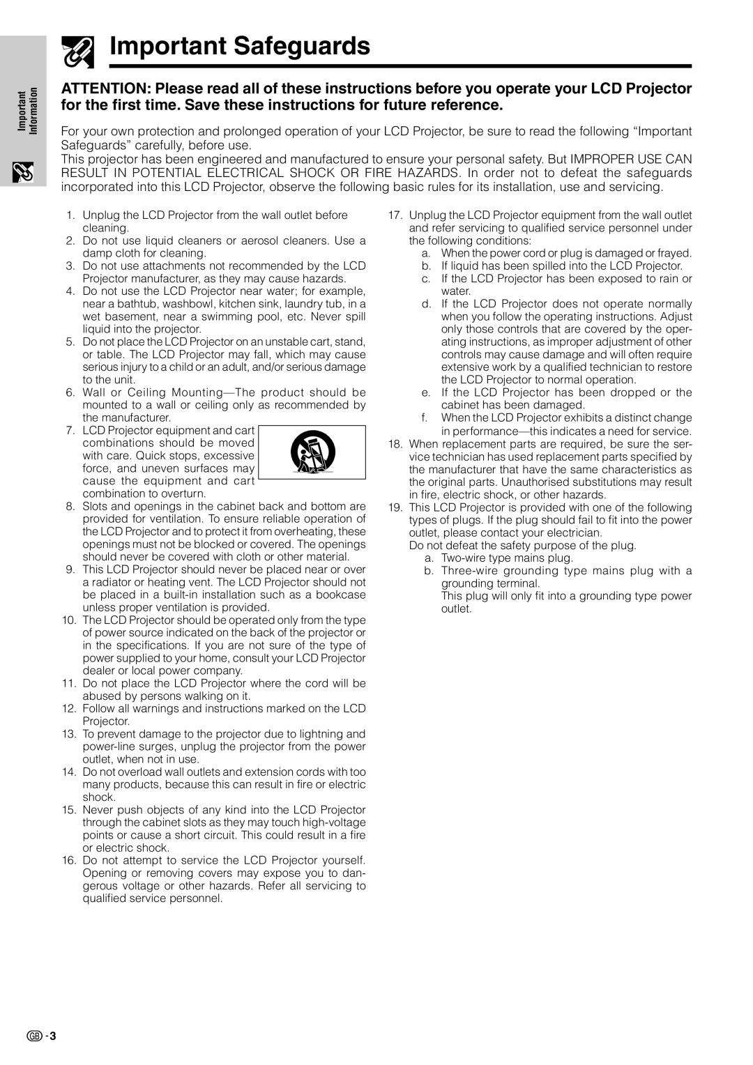 Sharp XV-Z7000E operation manual Important Safeguards 