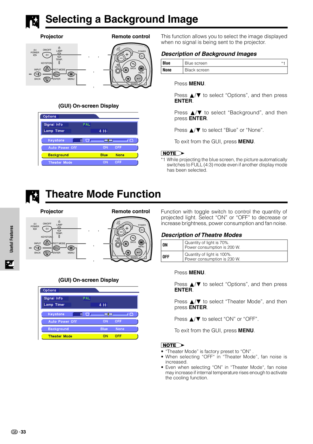 Sharp XV-Z7000E operation manual Selecting a Background Image, Theatre Mode Function, Description of Background Images 