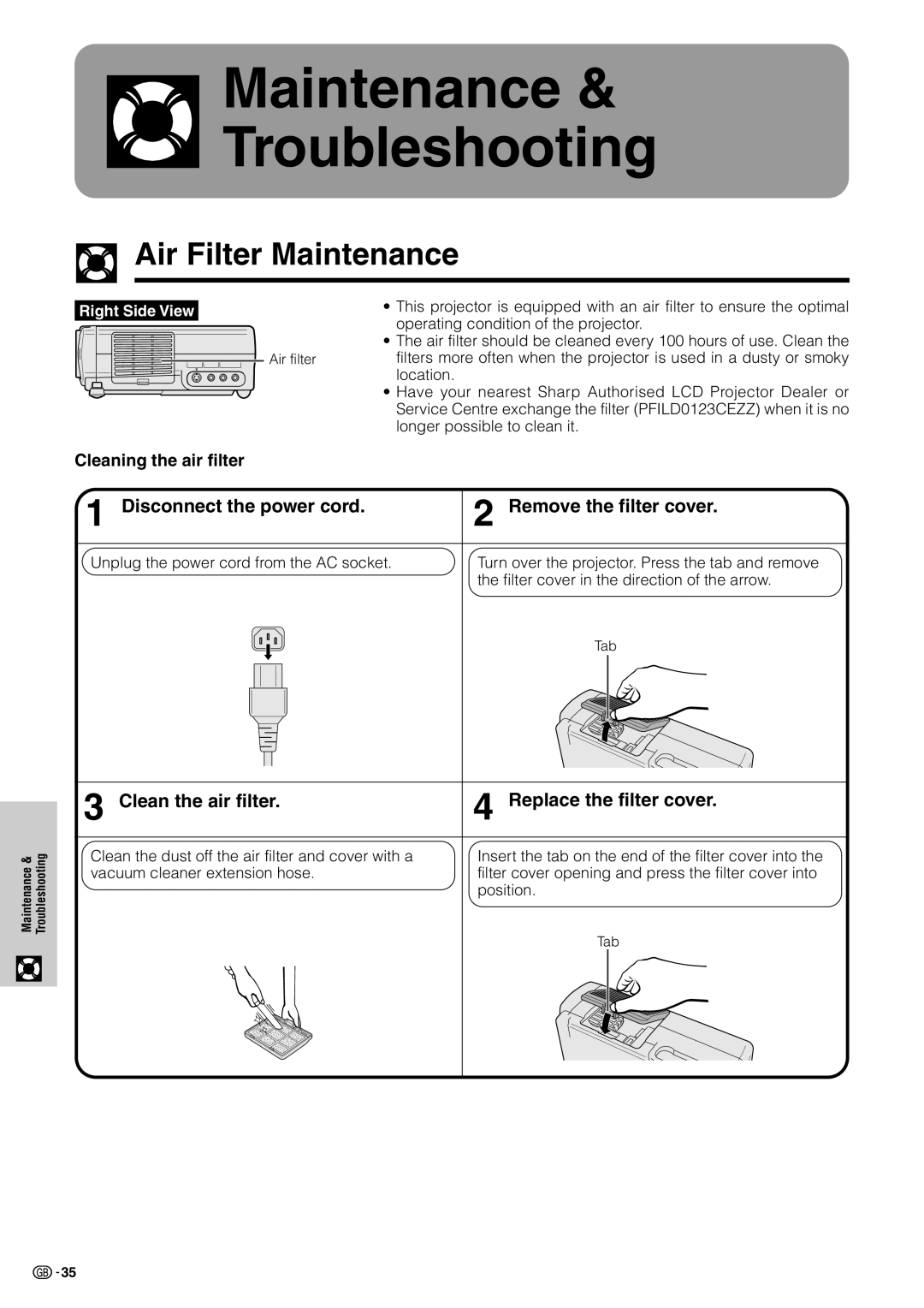 Sharp XV-Z7000E operation manual Air Filter Maintenance, Cleaning the air filter 