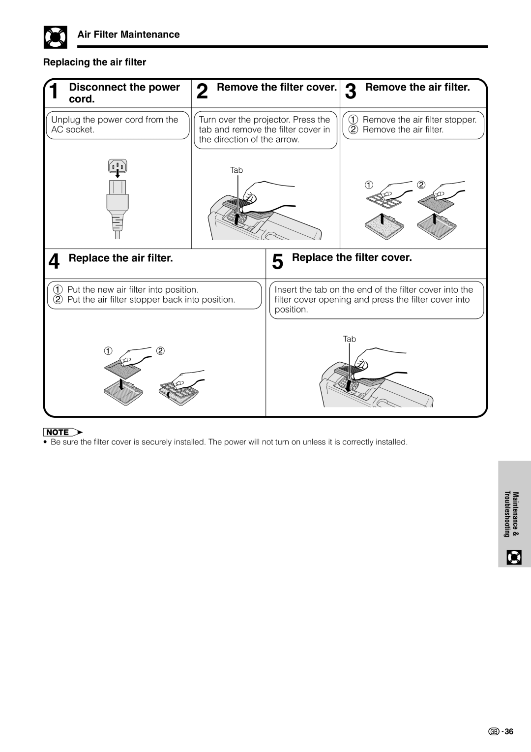 Sharp XV-Z7000E operation manual Remove the filter cover Remove the air filter 