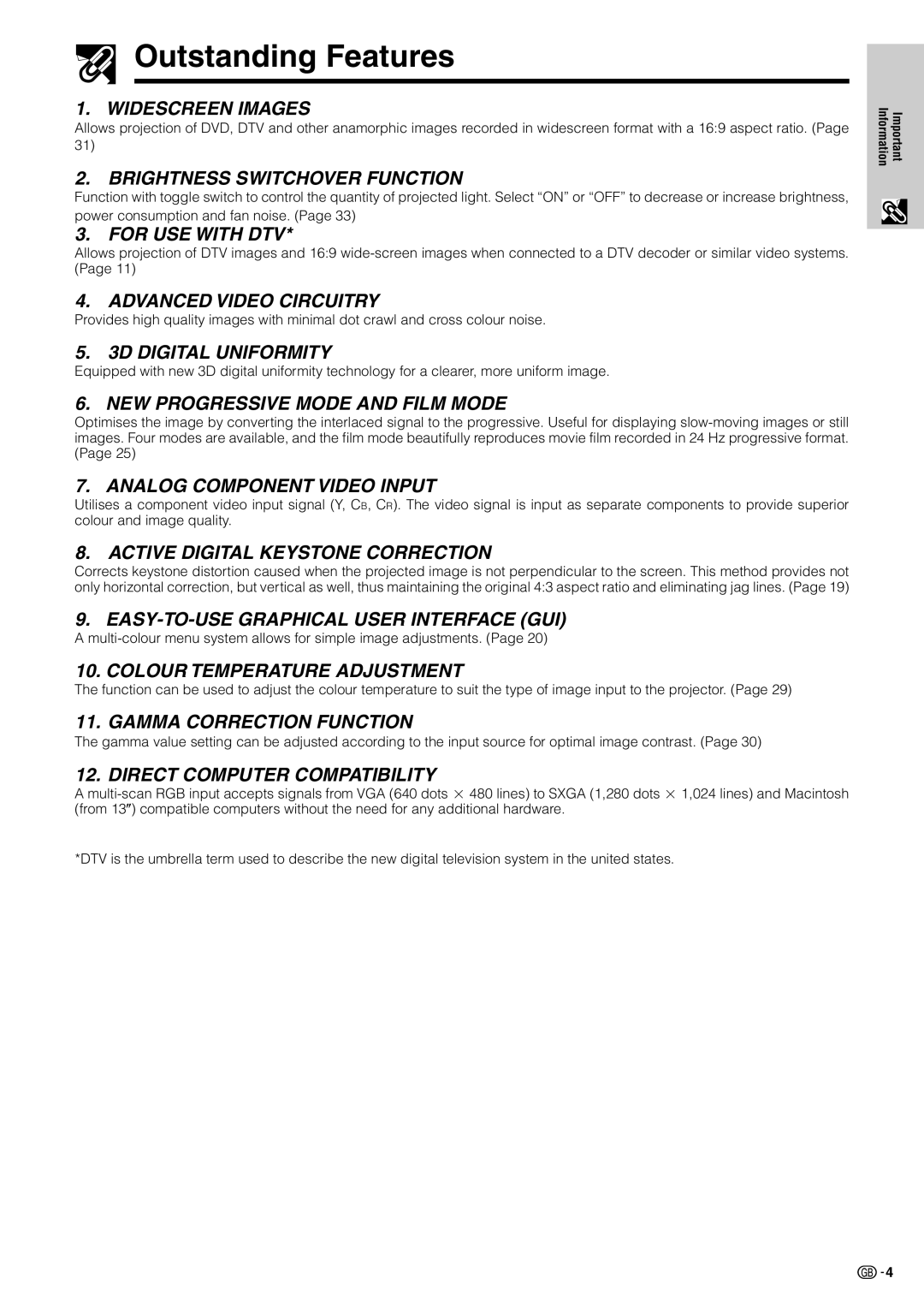 Sharp XV-Z7000E operation manual Outstanding Features, Widescreen Images 