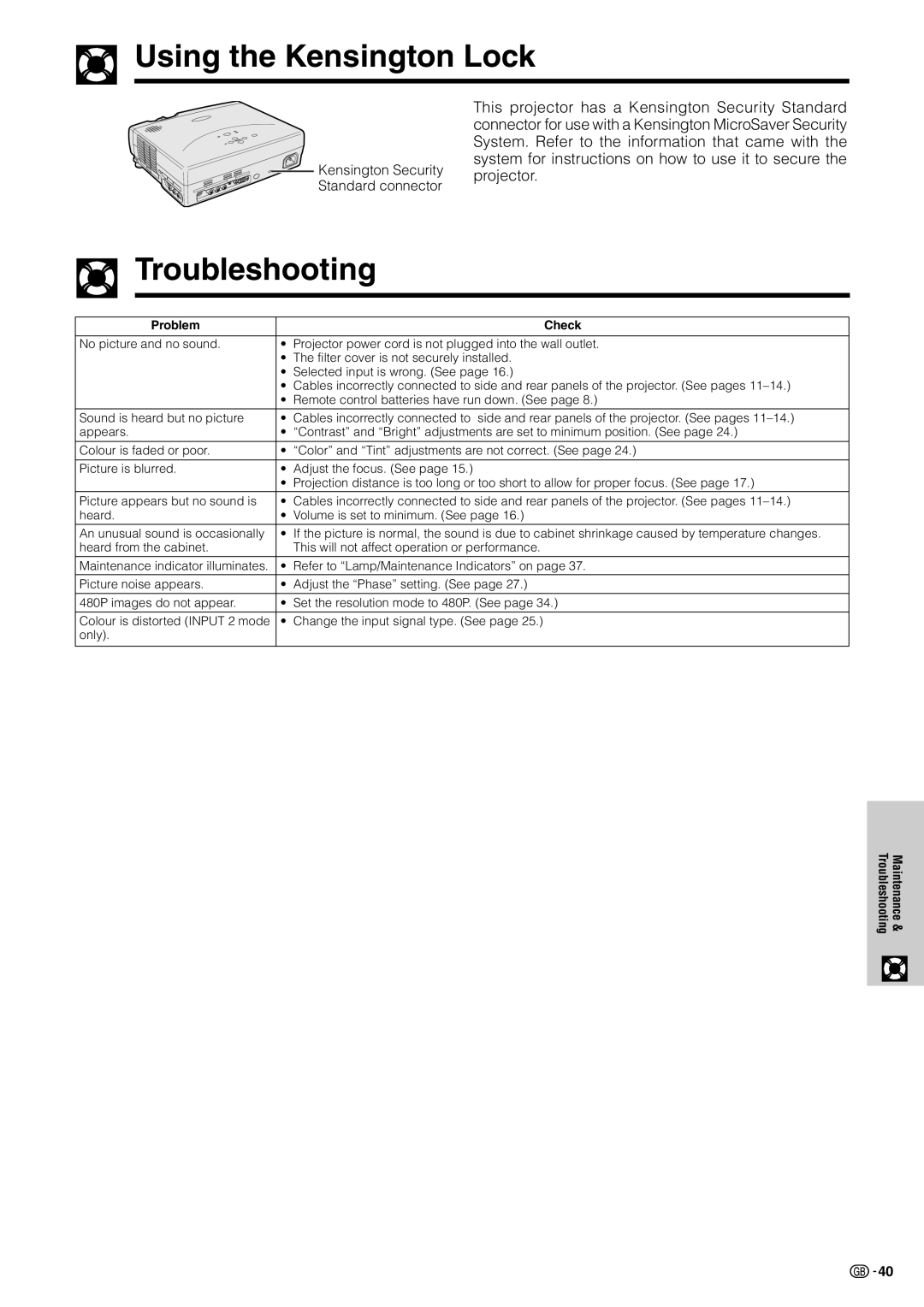 Sharp XV-Z7000E operation manual Using the Kensington Lock, Troubleshooting 