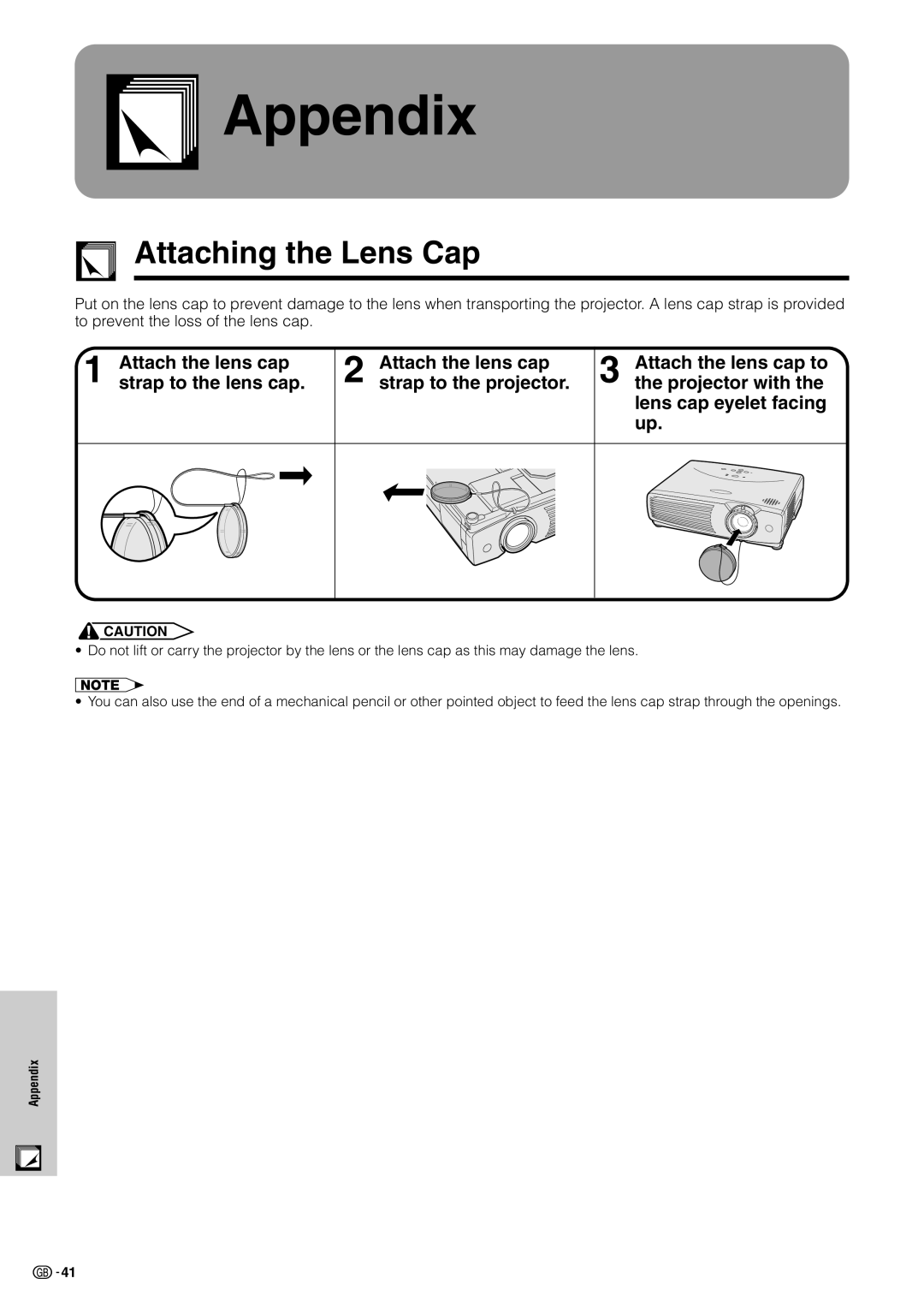 Sharp XV-Z7000E operation manual Appendix, Attaching the Lens Cap 