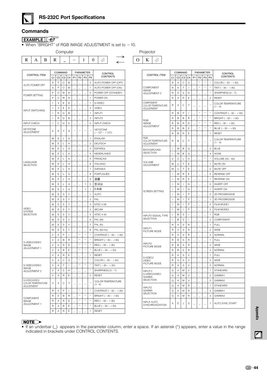 Sharp XV-Z7000E operation manual RS-232C Port Specifications Commands, When Bright of RGB Image Adjustment is set to 10 