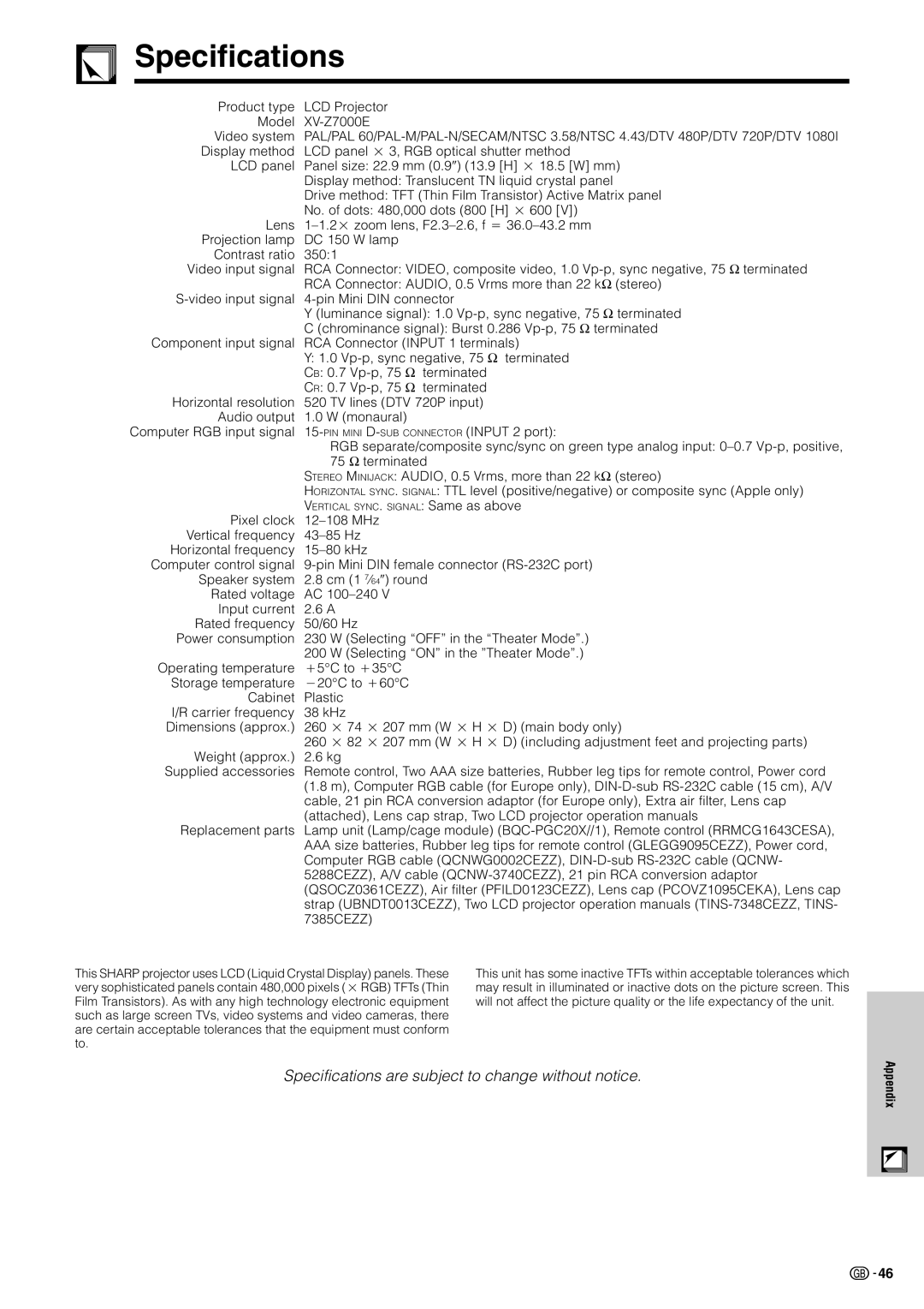 Sharp XV-Z7000E operation manual Specifications 