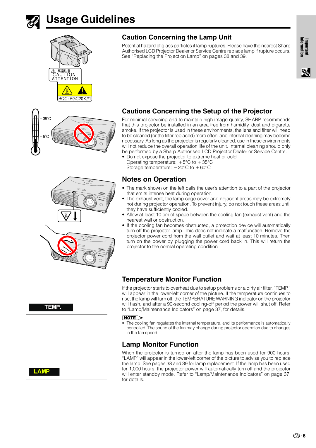 Sharp XV-Z7000E operation manual Usage Guidelines, Temperature Monitor Function, Lamp Monitor Function, Aut I O N 