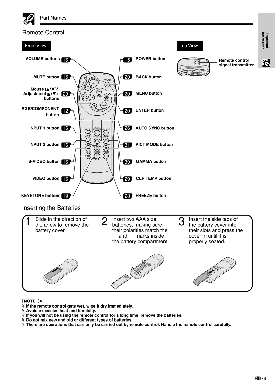 Sharp XV-Z7000E operation manual Remote Control, Inserting the Batteries, Part Names, Rgb/Component 