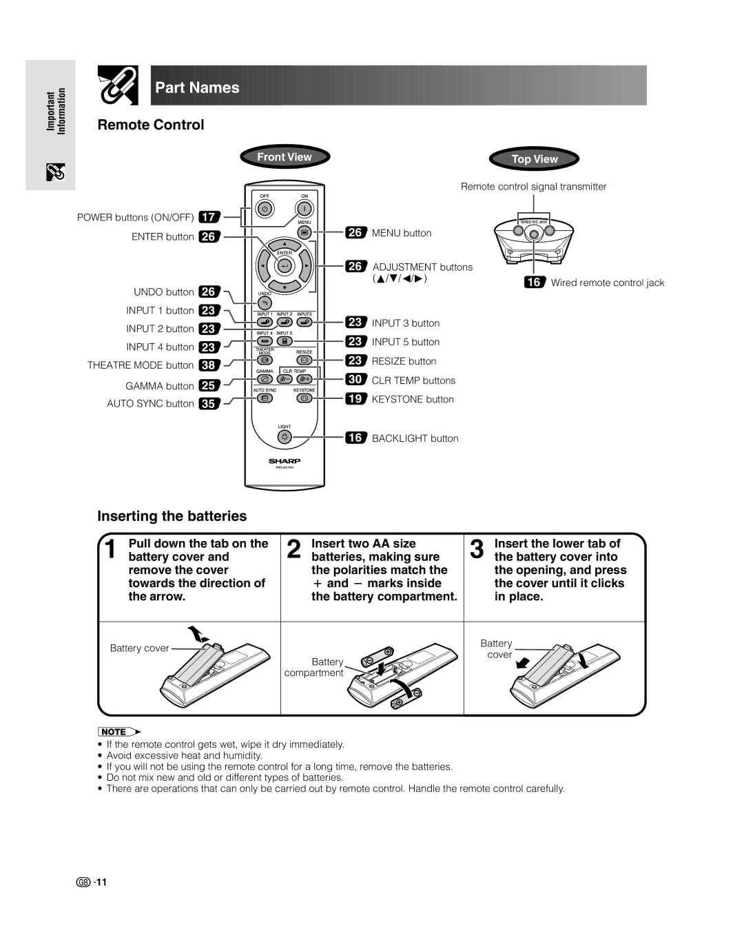 Sharp XV-Z9000E manual Remote Control, Inserting the batteries, Battery cover Cover Compartment 