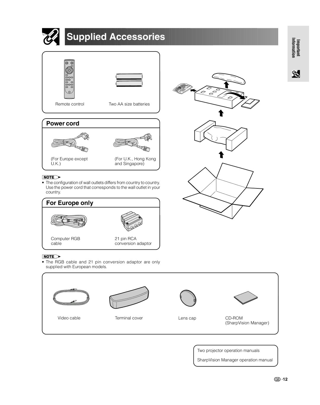 Sharp XV-Z9000E manual Supplied Accessories, Power cord, For Europe only 