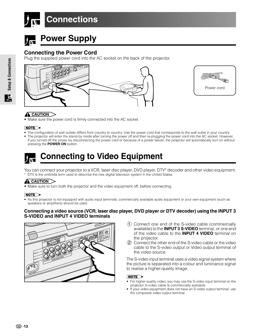 Sharp XV-Z9000E manual Connections, Power Supply, Connecting to Video Equipment, Connecting the Power Cord 