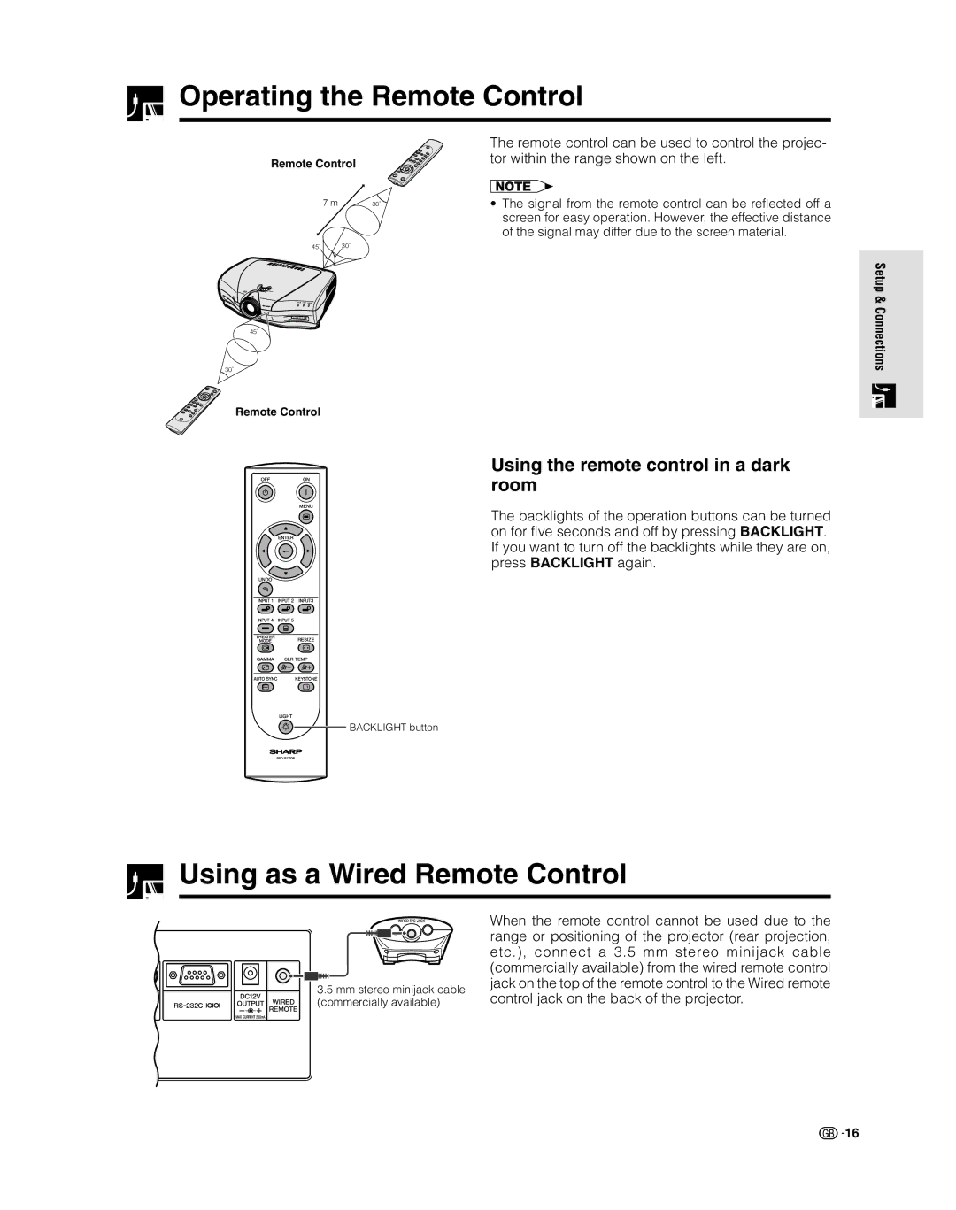 Sharp XV-Z9000E Operating the Remote Control, Using as a Wired Remote Control, Using the remote control in a dark room 