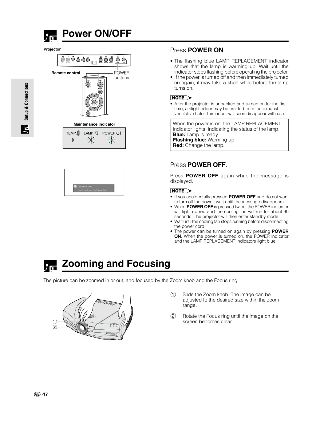 Sharp XV-Z9000E manual Power ON/OFF, Zooming and Focusing, Press Power on, Press Power OFF, Buttons 