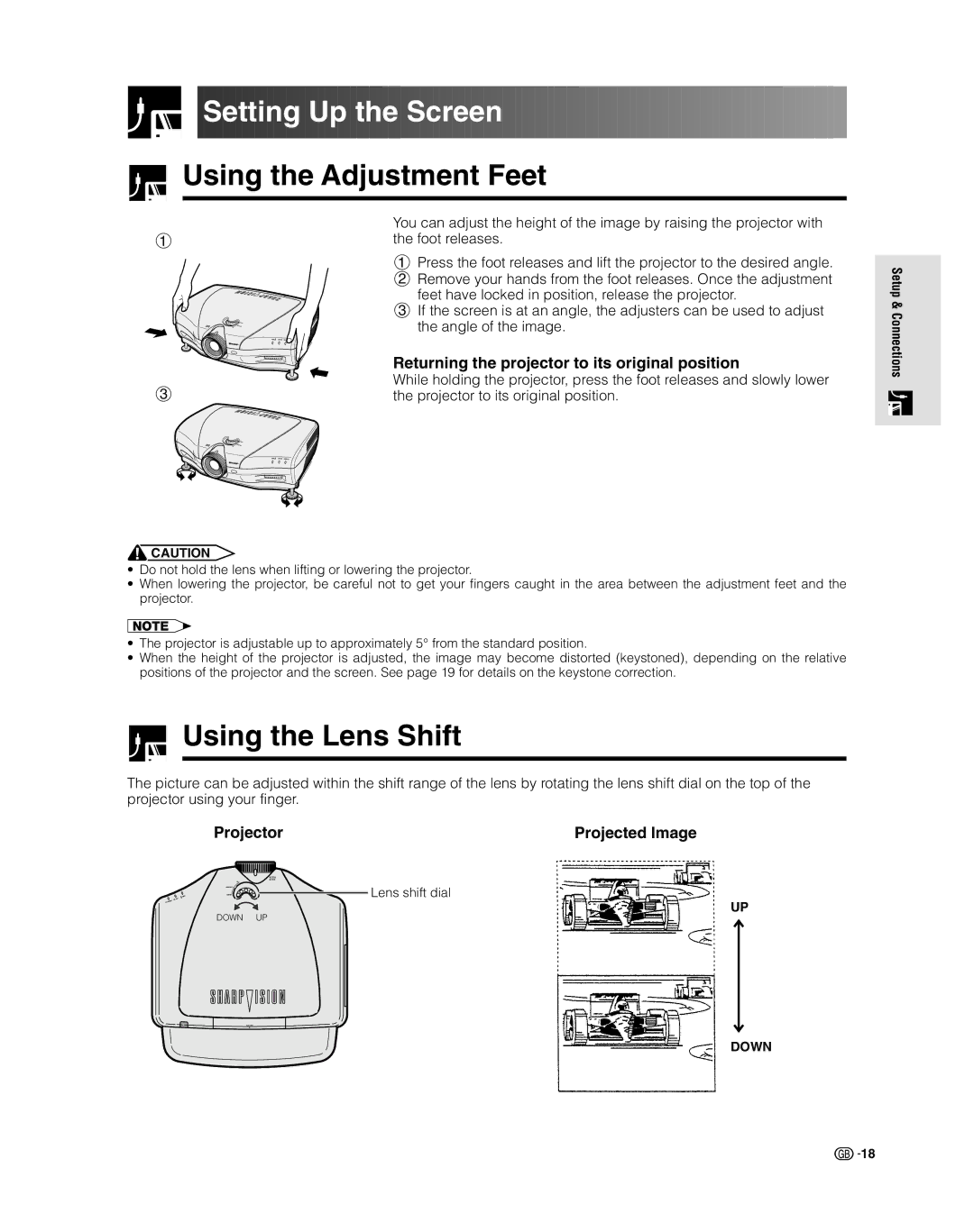 Sharp XV-Z9000E manual Setting Up the Screen, Using the Adjustment Feet, Using the Lens Shift, Projector 