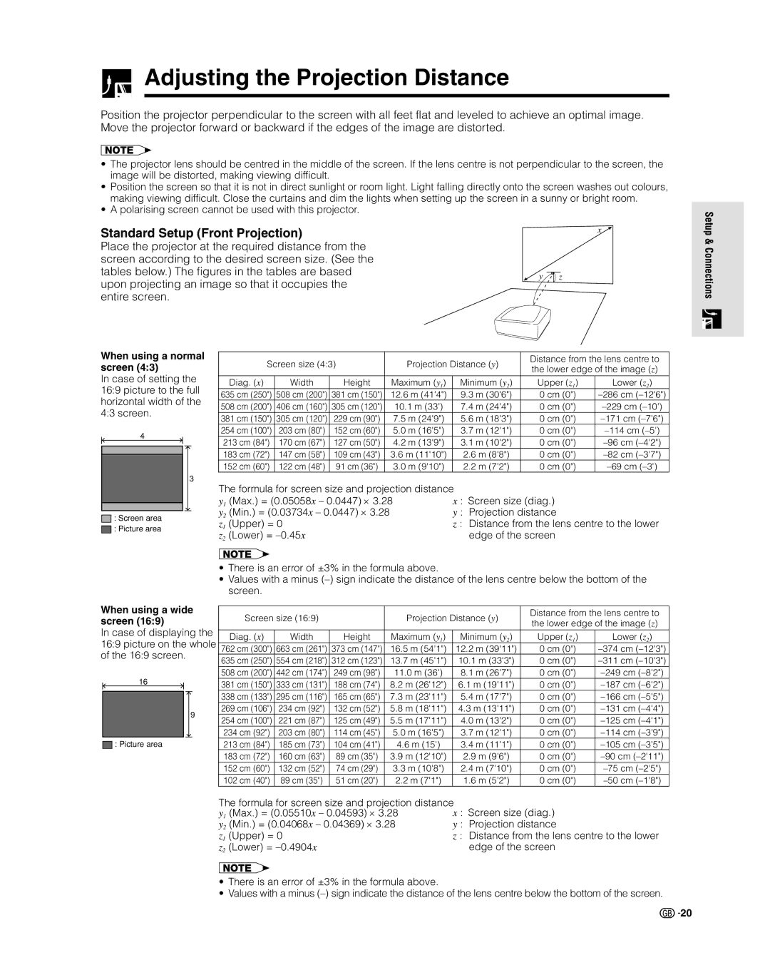 Sharp XV-Z9000E manual Adjusting the Projection Distance, Standard Setup Front Projection, When using a normal screen 