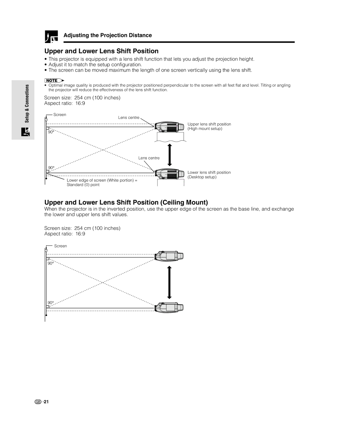 Sharp XV-Z9000E Upper and Lower Lens Shift Position Ceiling Mount, Adjusting the Projection Distance, Connections 