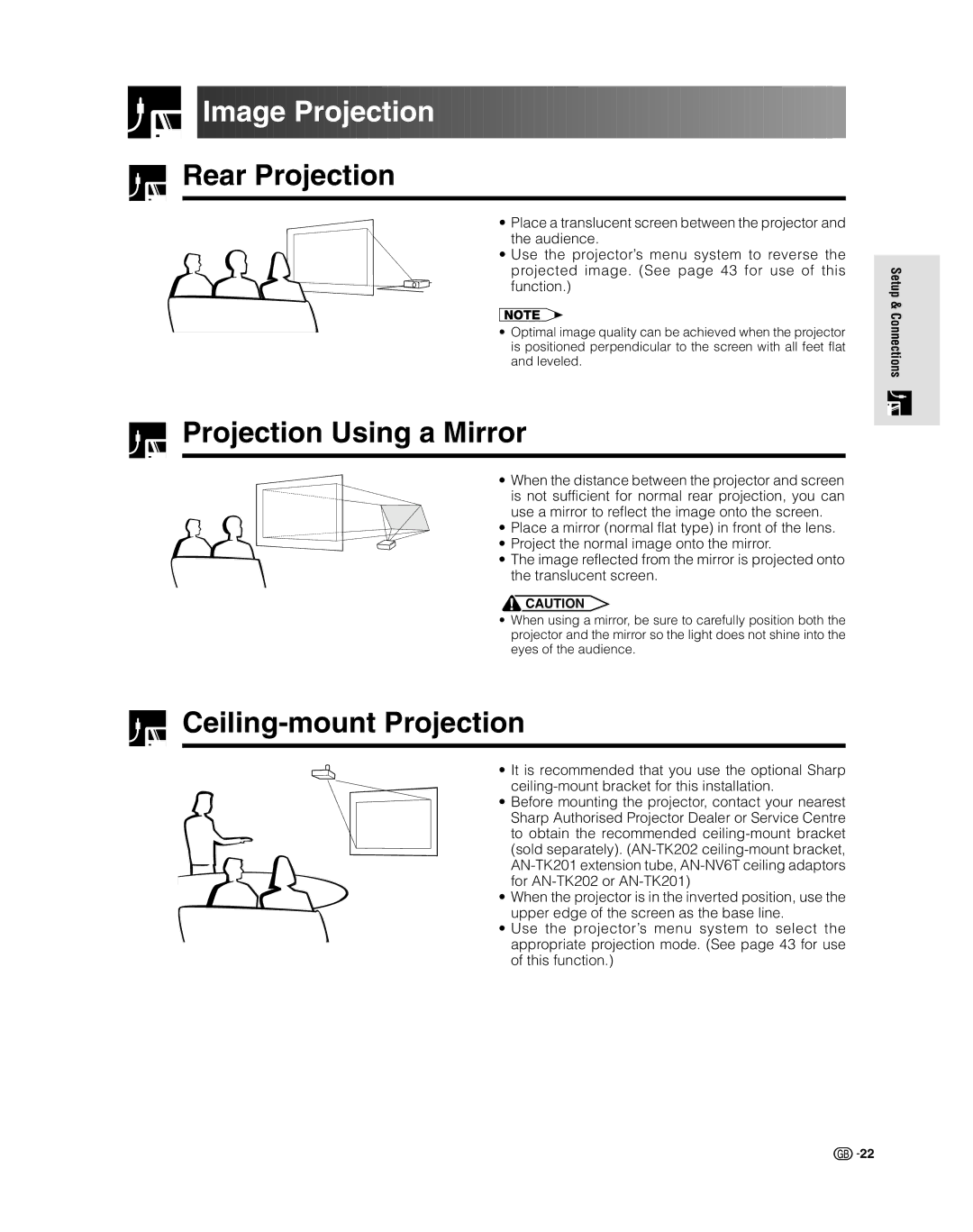 Sharp XV-Z9000E manual Image Projection, Rear Projection, Projection Using a Mirror, Ceiling-mount Projection 