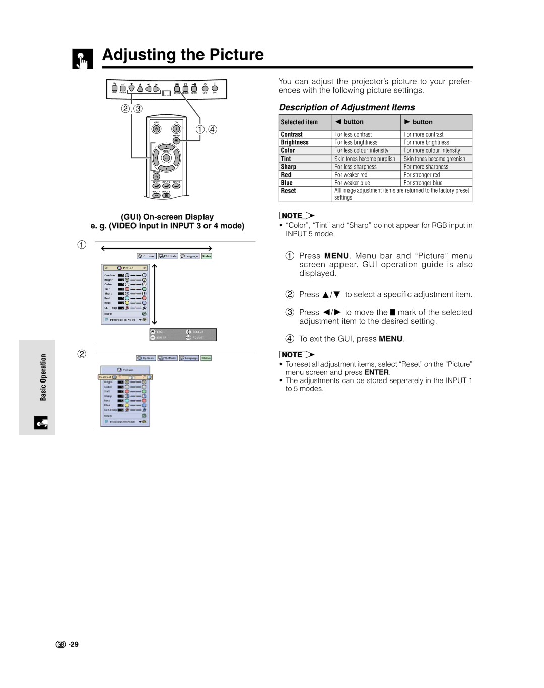 Sharp XV-Z9000E manual Adjusting the Picture, Description of Adjustment Items, OperationBasic 