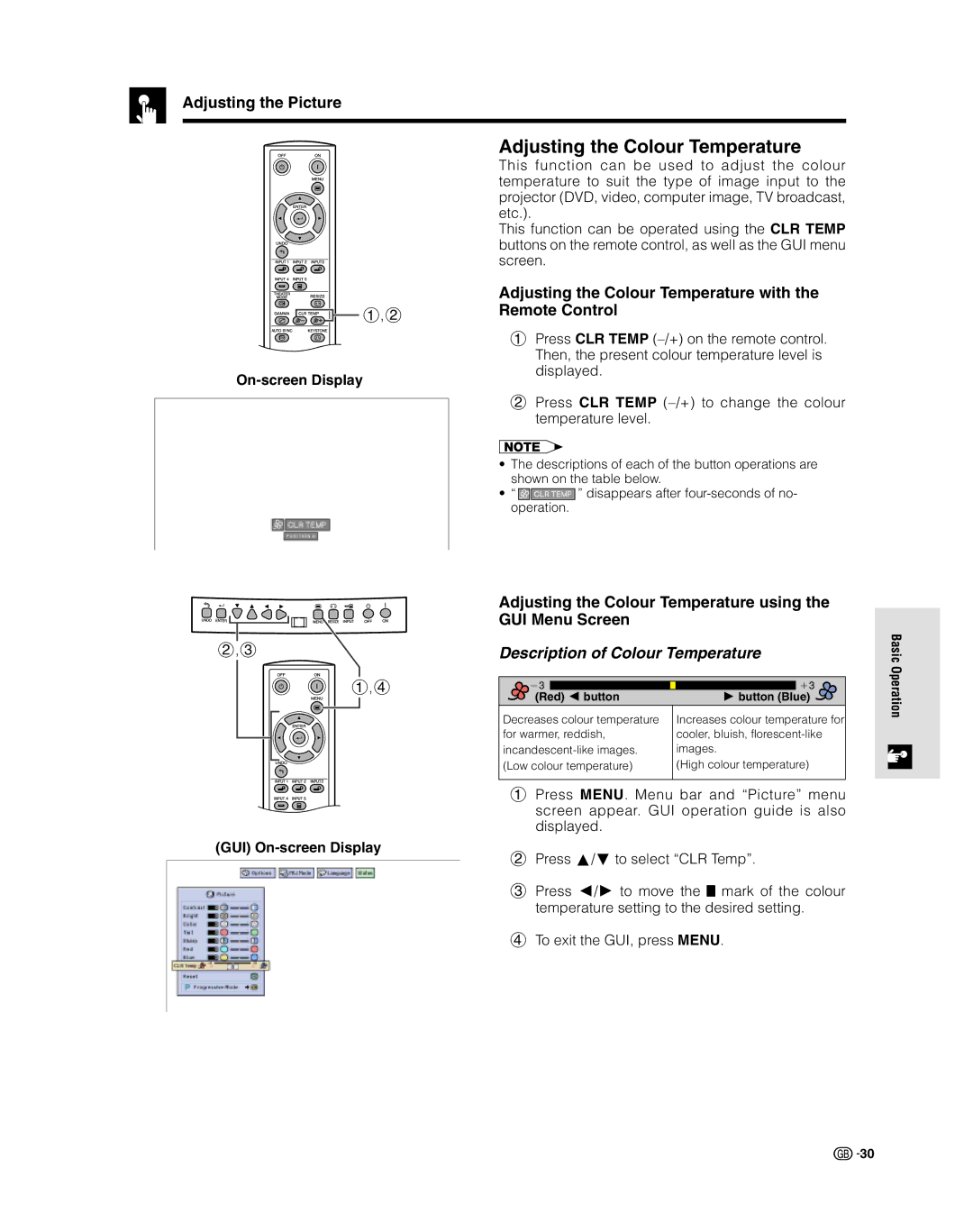 Sharp XV-Z9000E manual Adjusting the Colour Temperature, Adjusting the Picture, Description of Colour Temperature 