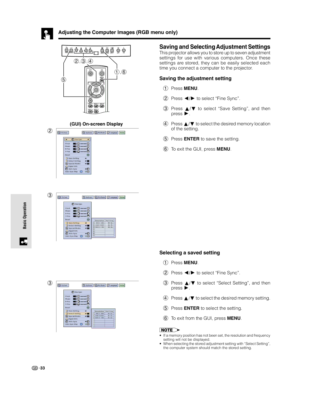 Sharp XV-Z9000E manual Saving and Selecting Adjustment Settings, Adjusting the Computer Images RGB menu only 