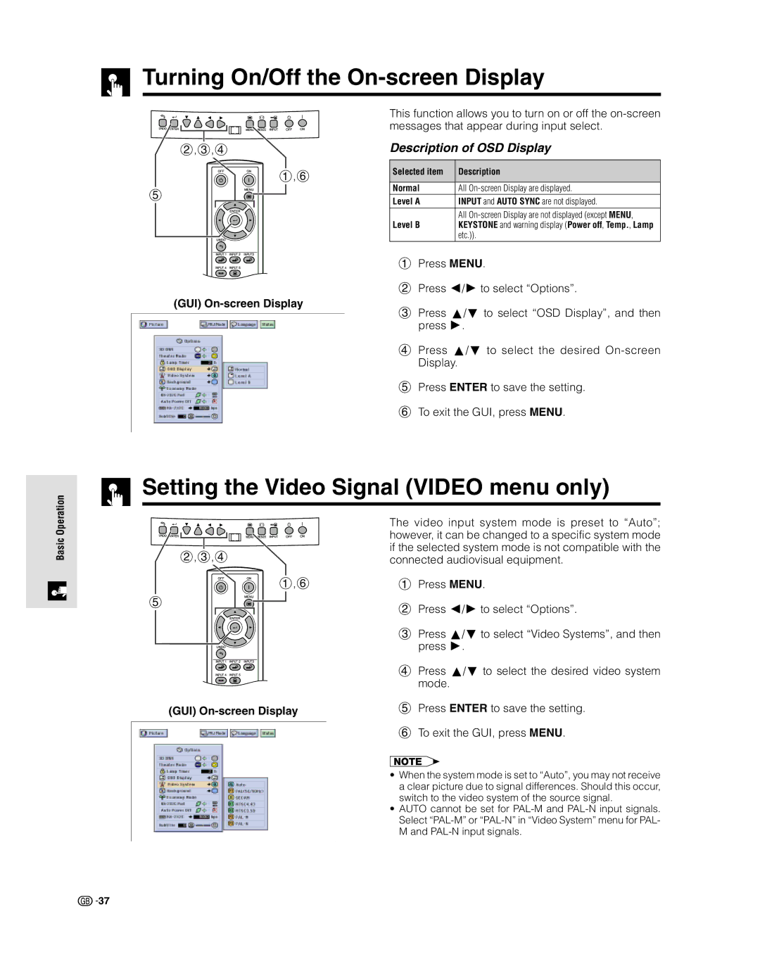 Sharp XV-Z9000E Turning On/Off the On-screen Display, Setting the Video Signal Video menu only, Description of OSD Display 