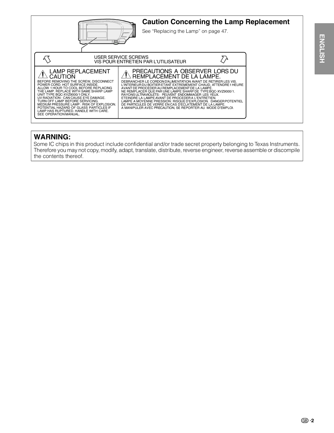 Sharp XV-Z9000E manual Lamp Replacement Caution 