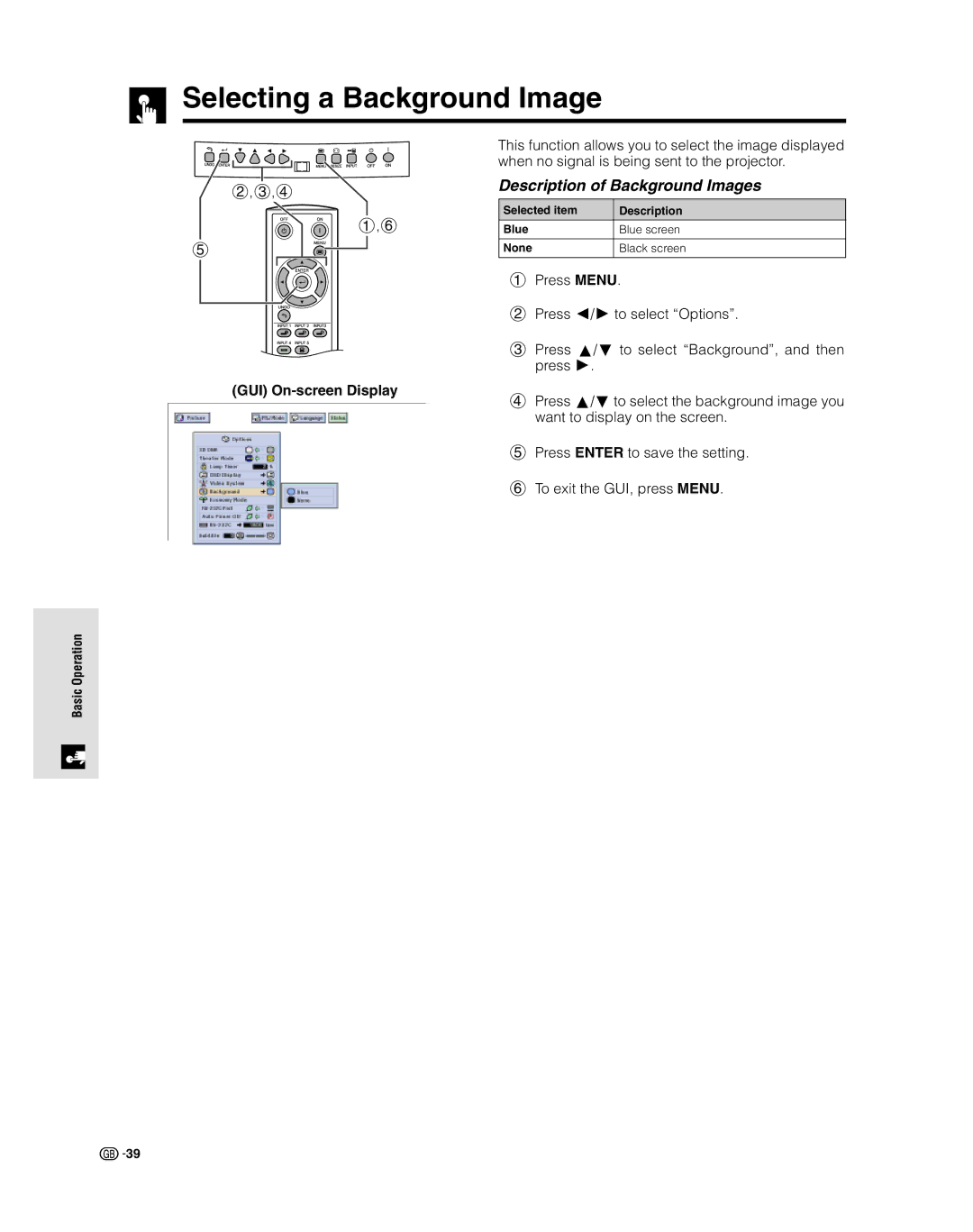 Sharp XV-Z9000E manual Selecting a Background Image, Description of Background Images 