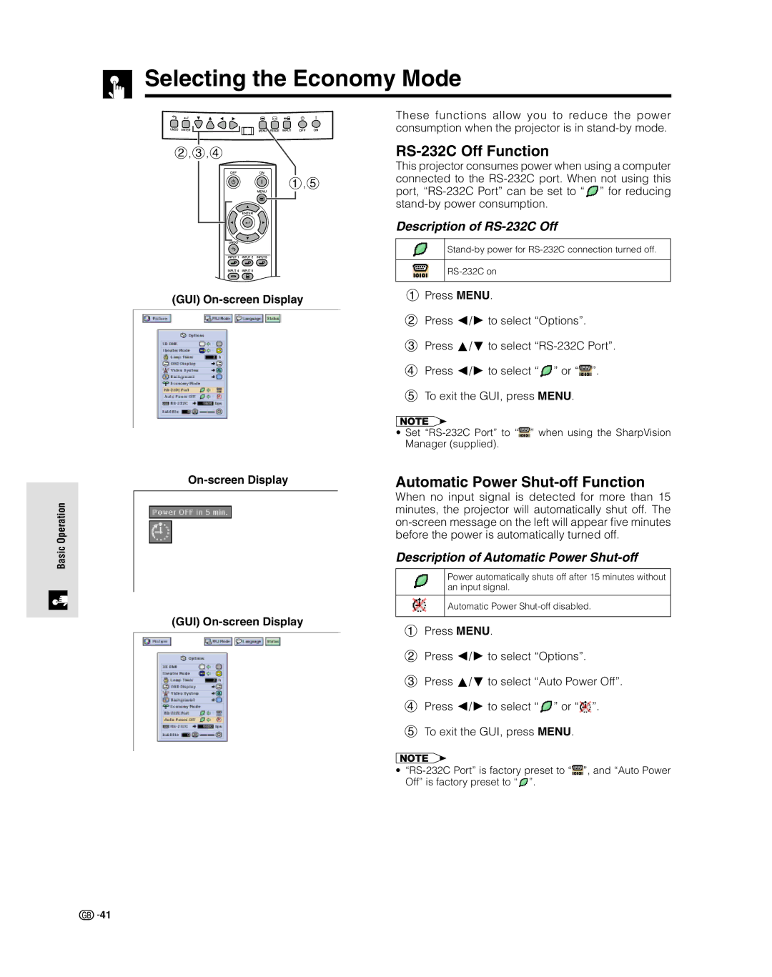 Sharp XV-Z9000E manual Selecting the Economy Mode, RS-232C Off Function, Automatic Power Shut-off Function 