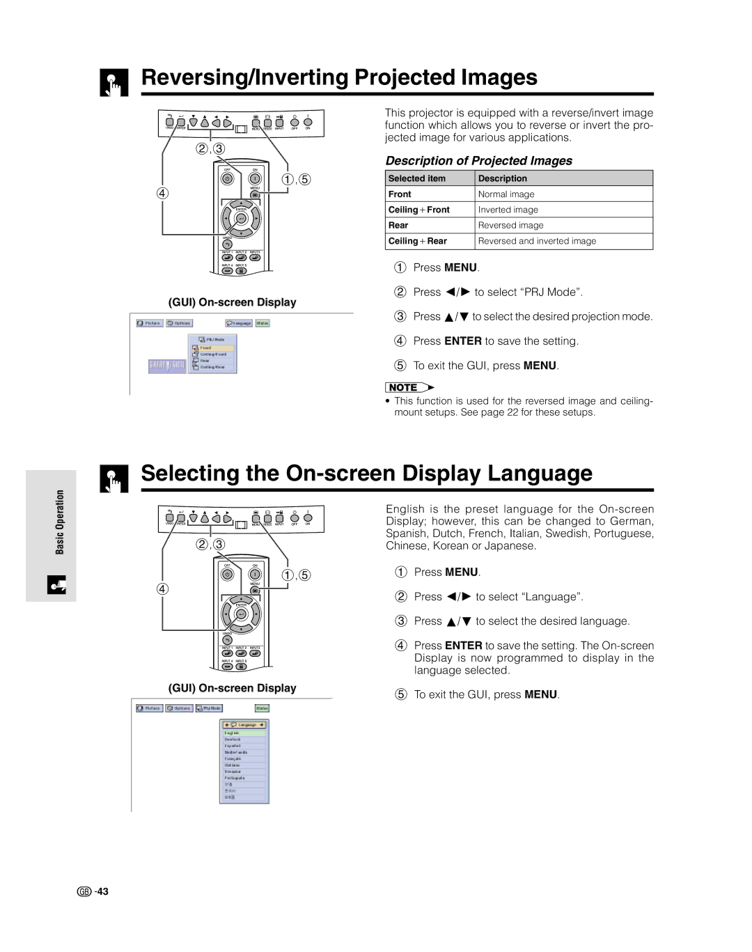 Sharp XV-Z9000E manual Reversing/Inverting Projected Images, Selecting the On-screen Display Language 