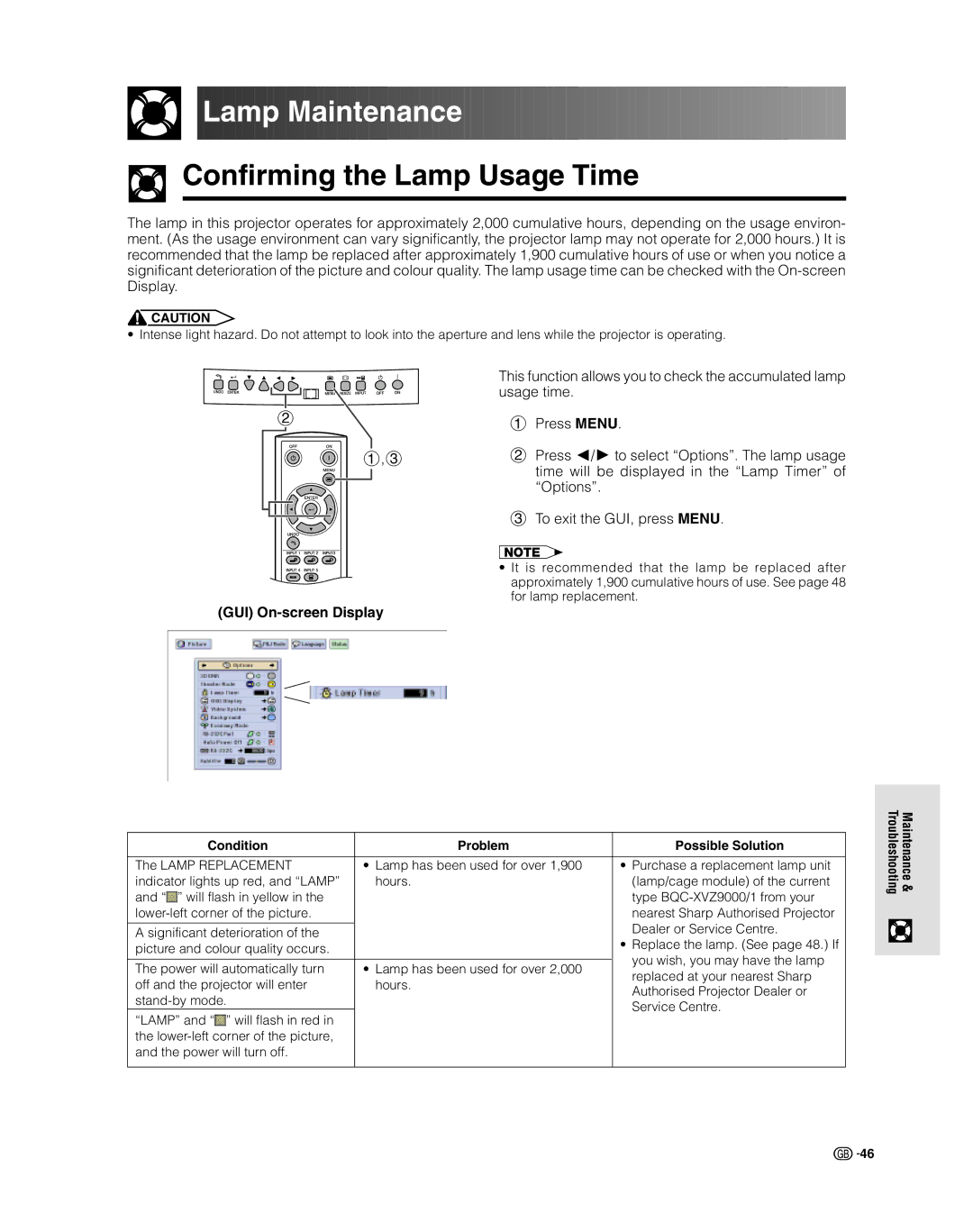 Sharp XV-Z9000E manual Lamp Maintenance, Confirming the Lamp Usage Time 