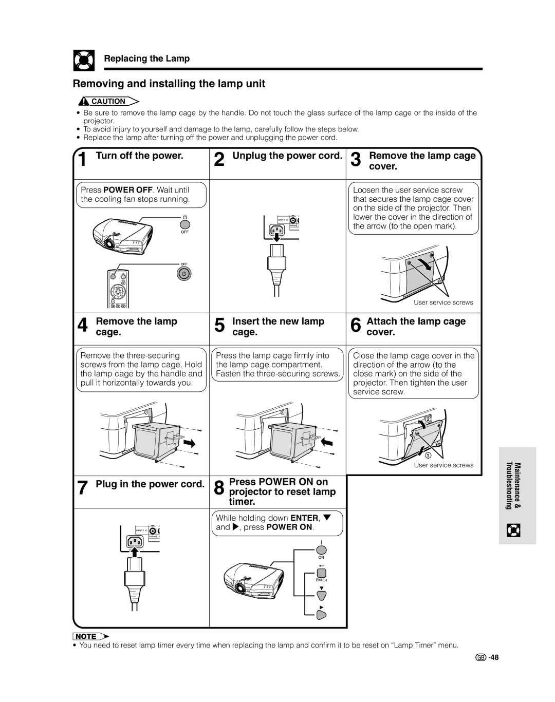 Sharp XV-Z9000E manual Removing and installing the lamp unit, Replacing the Lamp 